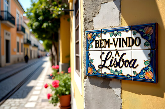  Decorative ceramic tile sign reading "Bem Vindo a Lisboa" placed in front of a scenic view with traditional Lisbon houses