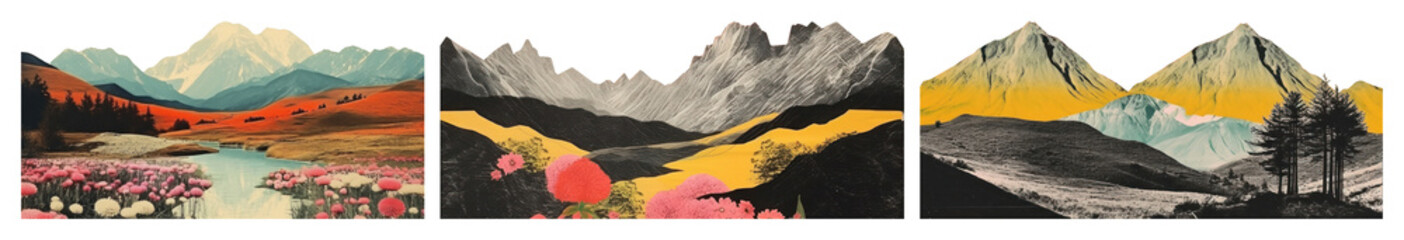 PNG Vibrant abstract mountain landscapes, element set on transparent background