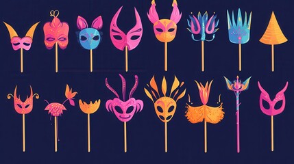 Birthday party photo booth props vector set. Party decoration for photo booth, birthday mask photo booth, costume for masquerade photo booth illustration illustration , no logos, no brands