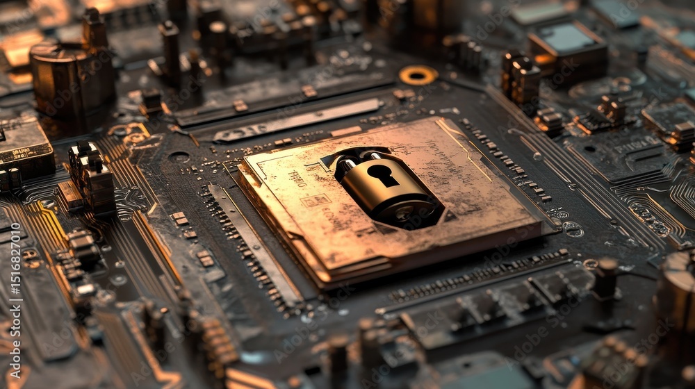 Poster a computer chip with a lock on it ai generated