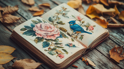 A vintage journal open with watercolor paintings of pink roses, blue birds, and wildflowers on the pages, leaves scattered around, cozy vibe