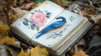 A vintage journal open with watercolor paintings of pink roses, blue birds, and wildflowers on the pages, leaves scattered around, cozy vibe