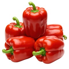 Five red bell peppers stacked isolated on white background