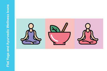 Flat Yoga and Ayurvedic Wellness Icons – Meditation, Natural Therapy & Holistic Health