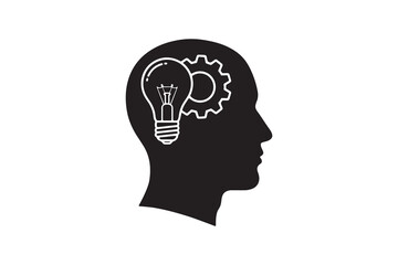 Human Head Silhouette with Lightbulb and Gear - Thinking Process Lightbulb Gear