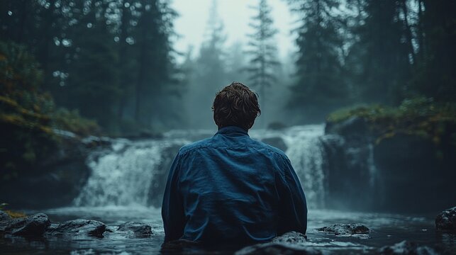 Man meditating by waterfall in misty forest