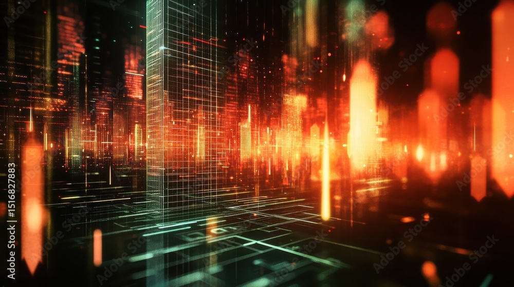 Poster an abstract digital composition featuring layered financial chart elements such as glowing candlesti