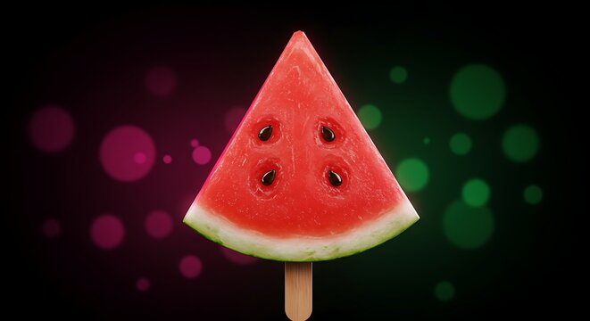 Watermelon slice on a stick with a vibrant and colorful bokeh background - Powered by Adobe