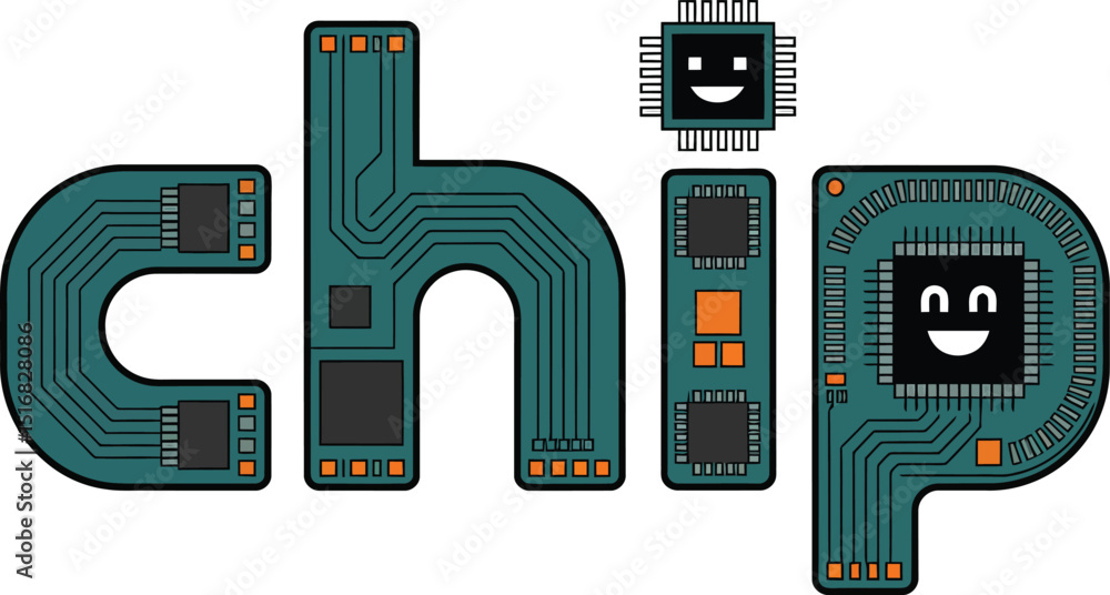 Poster illustration of the word chip formed by circuit board components on a light background color