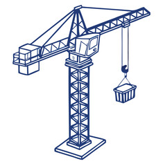 Hand-drawn sketch of a tower crane lifting a container