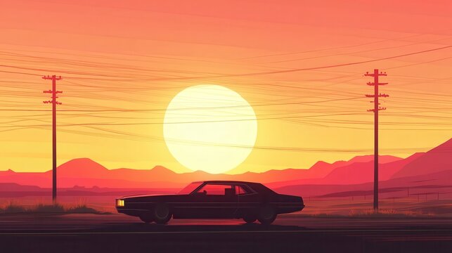 80s synthwave styled landscape with road and modern car - Powered by Adobe