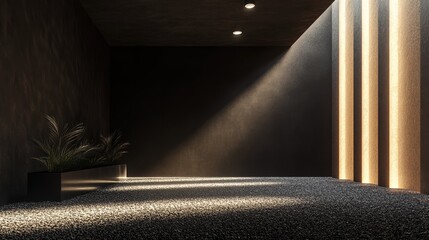 Abstract spacious place with dark wall, granular floor and spot light from above. 3D Rendering illustration , no logos, no brands