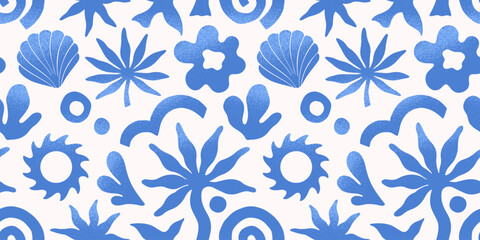 Summer tropical seamless pattern with hand drawn nature organic elements:palm,sun,coral,seashell,star,wave.Trendy blue background for banners,smm,branding,covers,prints.Summer vacation aesthetic