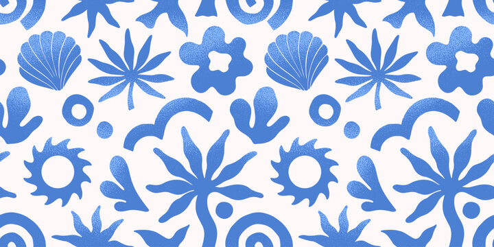 Summer tropical seamless pattern with hand drawn nature organic elements:palm,sun,coral,seashell,star,wave.Trendy blue background for banners,smm,branding,covers,prints.Summer vacation aesthetic