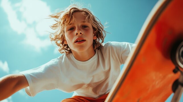 A young boy skillfully skateboards towards the camera against a bright blue sky, capturing the essence of youthful adventure, freedom, and an active lifestyle full of energy. - Powered by Adobe