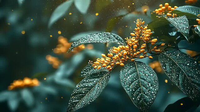 Beautiful artistic close-up of golden rain tree branch, dew covered leaves, and bokeh effect
