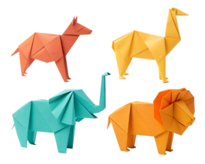 A collection of origami animals including a dog llama elephant and lion on a black background