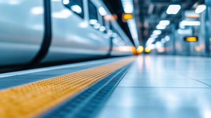 A dynamic perspective shot of a modern train station, focusing on the bright yellow safety line alongside the sleek design of the train and platform environment.
