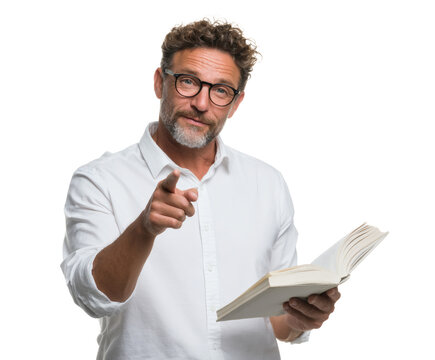 An intellectual man wearing glasses and a white shirt, pointing while holding a book.
