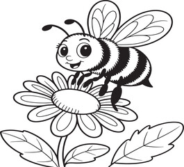 Cartoon Bee On Flower Coloring Page Illustration