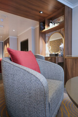 Luxurious mini suite stateroom cabin room onboard luxury cruise ship cruiseship ocean liner with...