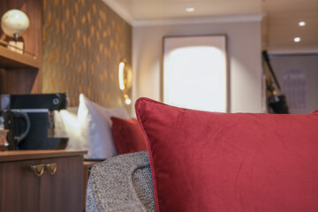 Luxurious mini suite stateroom cabin room onboard luxury cruise ship cruiseship ocean liner with...