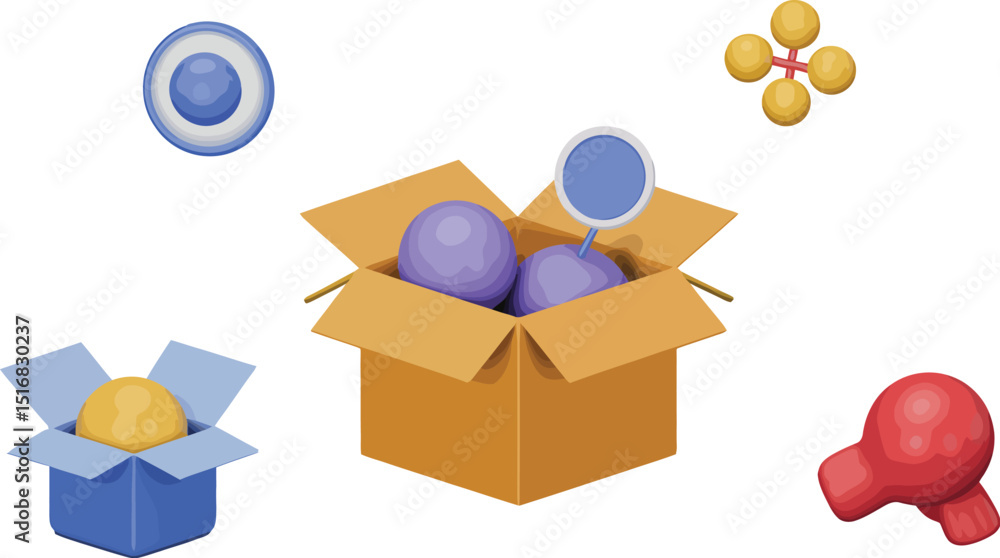 Poster cartoon rendering of boxes with spheres and shapes on a blue background in a simple design style