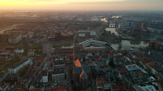 Zwolle old historic city center and city walls overhead skyline. Canal around city with rich history, Pepperbus church tower, Sassenpoort, Onze Lieve Vrouwebasiliek aerial