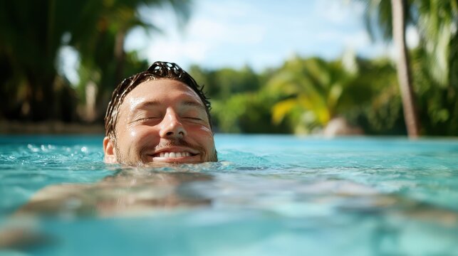 A man enjoys a serene moment while floating in a luxurious swimming pool surrounded by lush greenery and tropical vibes, capturing relaxation and tranquility. - Powered by Adobe