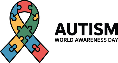 A colorful puzzle ribbon for autism awareness day with the text autism world awareness day beside it