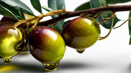 Close-up of glistening olives hanging on a branch with green leaves, with oil droplets, highlighting freshness and natural food ingredients.