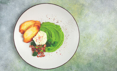 Mashed peas, with boiled egg, fried bacon, toast, baguette, breakfast, homemade , no people,