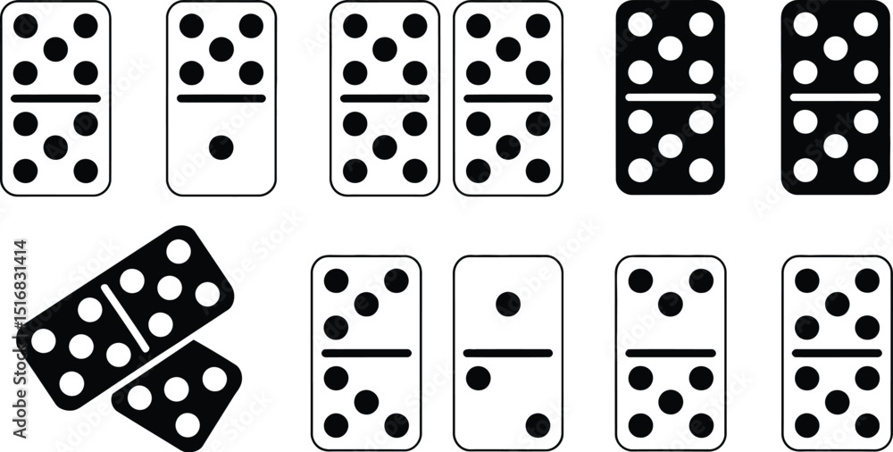 Poster a collection of dominoes with varying dot patterns arranged on a white background in a simple style