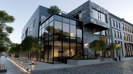Contemporary commercial building showcases architectural beauty in a bustling town center during sunset