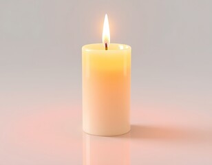 A glowing candle with a soft flame on a reflective surface.