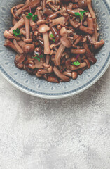 pickled honey mushrooms, in a bowl, homemade, top view, no people,