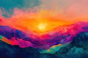 Fototapeta premium A painting of a mountain range with a sun in the sky. The sun is yellow and it is setting. A breathtakingly vibrant sunset over an abstract mountainous landscape filled with color.