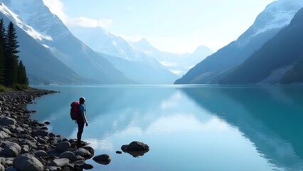 Solitary Hiker by Glacier Lake – Majestic Mountain Adventure Scene