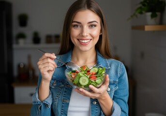 Woman eating healthy salad 