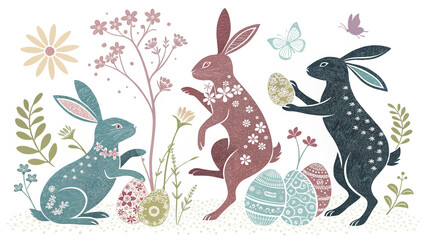 Happy Easter Modern Design with Bunnies, Eggs, and Flowers in Pastel Colors