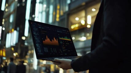 Financial analyst using laptop for investment analysis in vibrant city background - Powered by Adobe