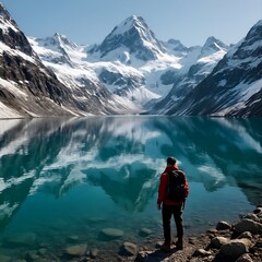 Solitary Hiker by Glacier Lake – Majestic Mountain Adventure Scene