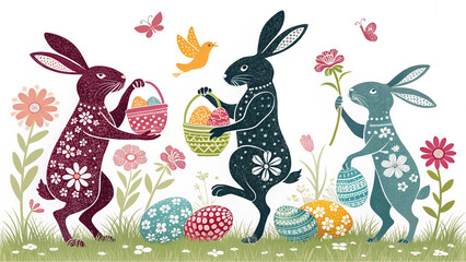 Happy Easter Modern Design with Bunnies, Eggs, and Flowers in Pastel Colors