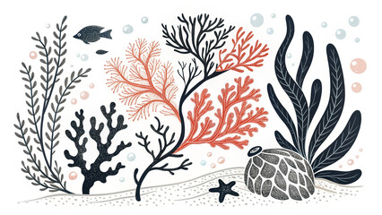 Nautical Seamless Pattern with Colorful Corals Summer Sea Vector Background for Textile Texture