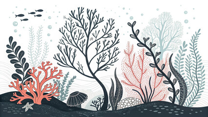 Nautical Seamless Pattern with Colorful Corals Summer Sea Vector Background for Textile Texture