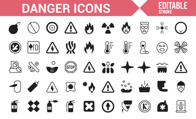 Simple Line Illustrations of Danger Signs, Warning, and Hazardous Symbols.