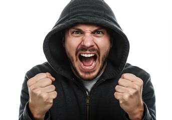Angry man in hoodie shouting isolated on white background