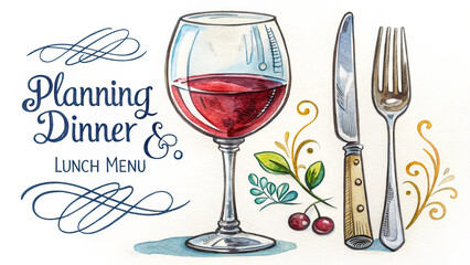 Vintage Wine Background with Hand-Drawn Bottle, Glass & Grapes Watercolor Menu Illustration Design