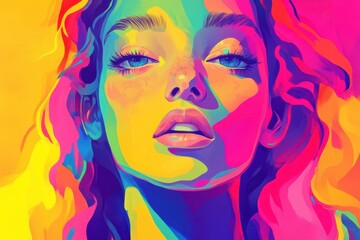 A colorful painting of a woman with a red lip. Colorful animated portrait that showcases bold features and unique expressions to captivate.
