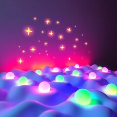 Glowing Orbs and Stars in a Futuristic 3D Landscape